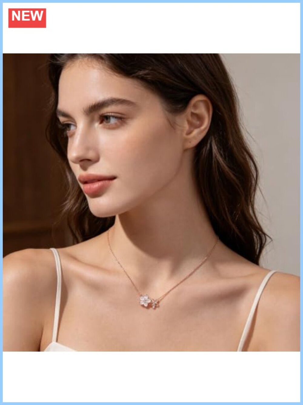 925 Sterling Silver Two Flower Pendant Necklace Cubic Zirconia Minimalist - Picture 2 of 6